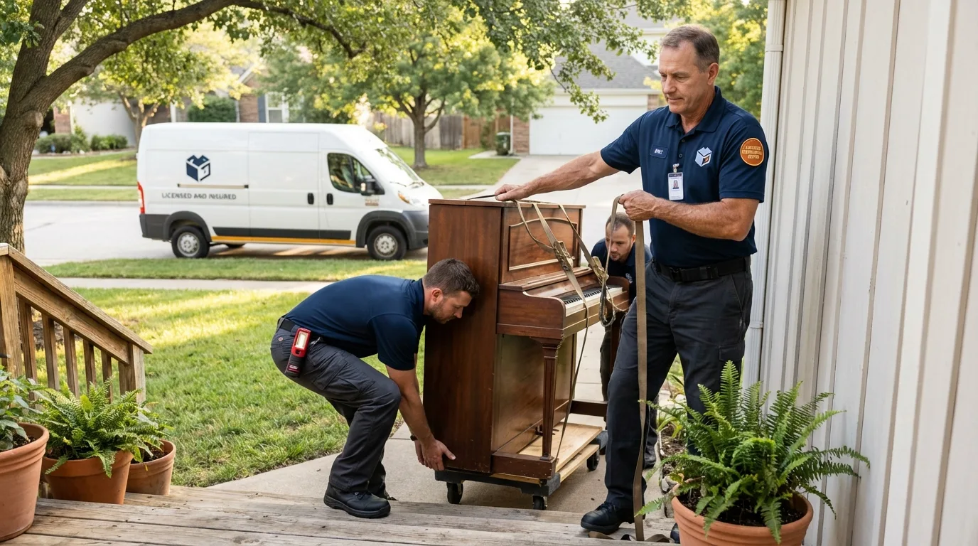 Licensed piano movers securing grand piano in Temecula, CA
