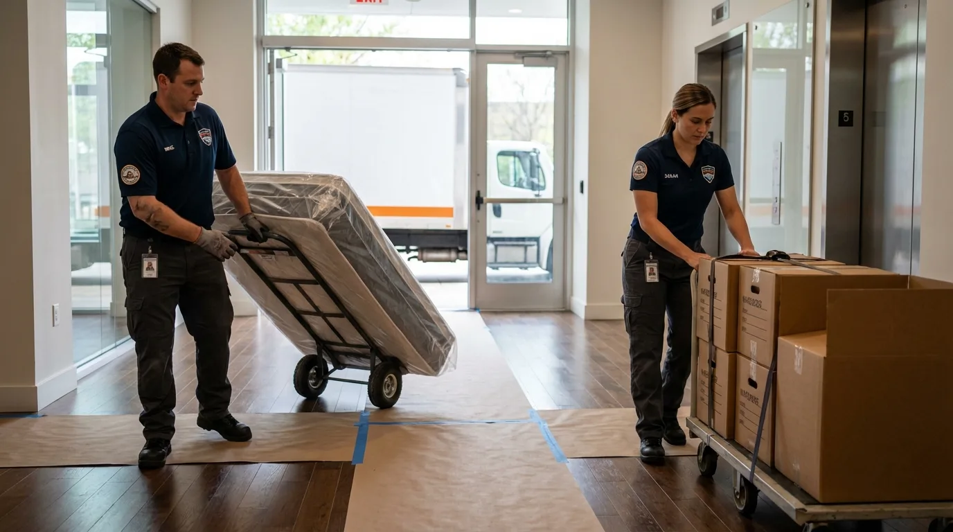 Professional apartment movers loading elevator in Temecula, CA